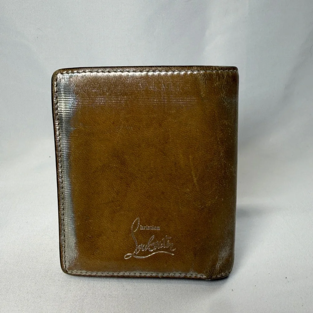 Christian Louboutin Paros Spiked Bifold Wallet Silver Metallic Red Leather